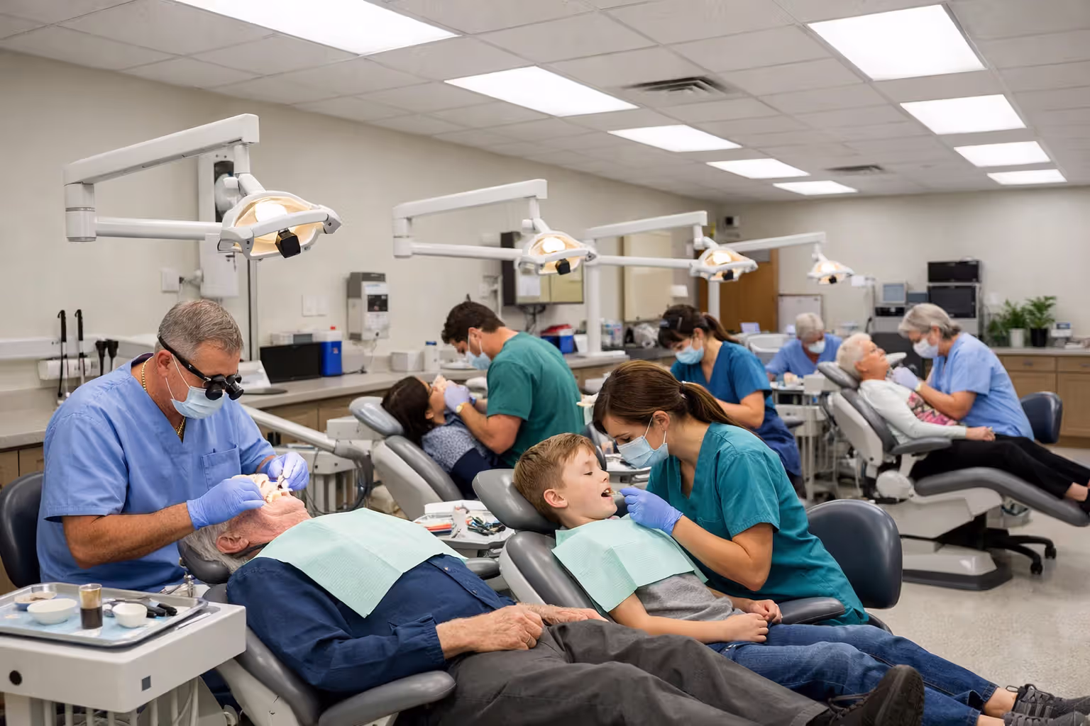 Community health center dental clinic with multiple dental chairs in a row, dental professionals treating diverse adult patients in a bright functional space