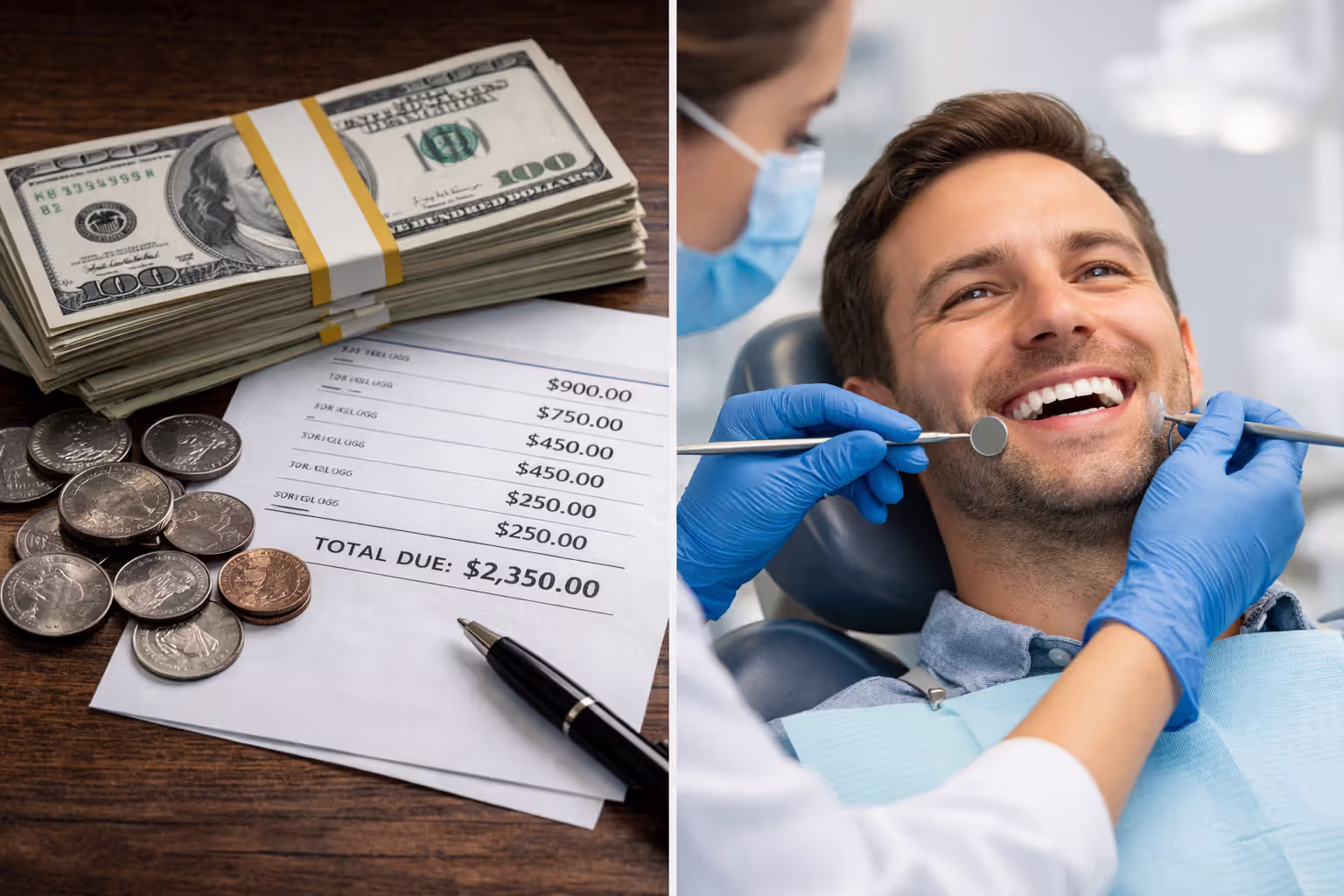 Split image comparing expensive dental bill with cash payment on one side and relaxed patient receiving preventive dental checkup on the other side