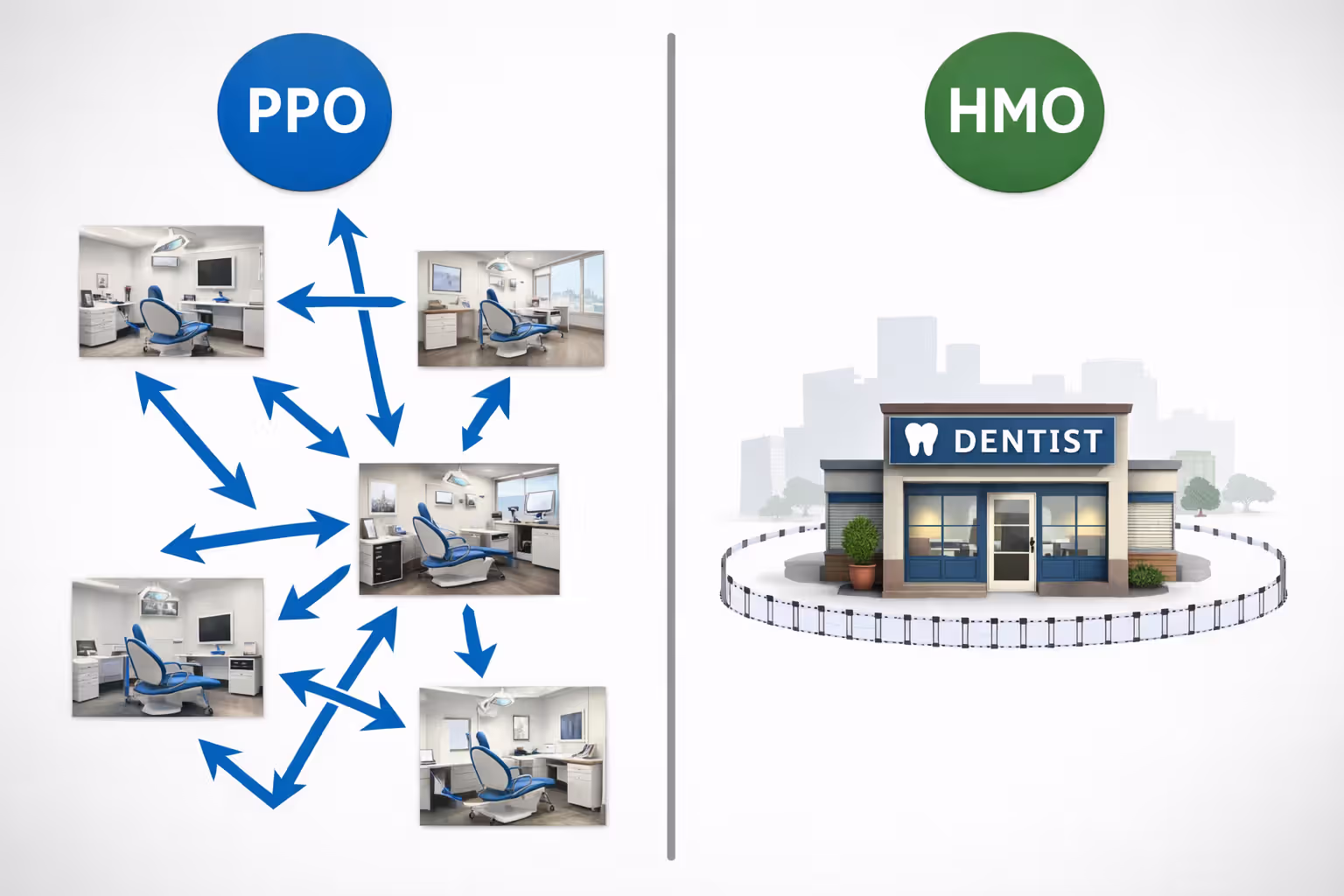 Infographic comparing PPO dental plan with wide provider network choice versus HMO dental plan with limited single dentist network