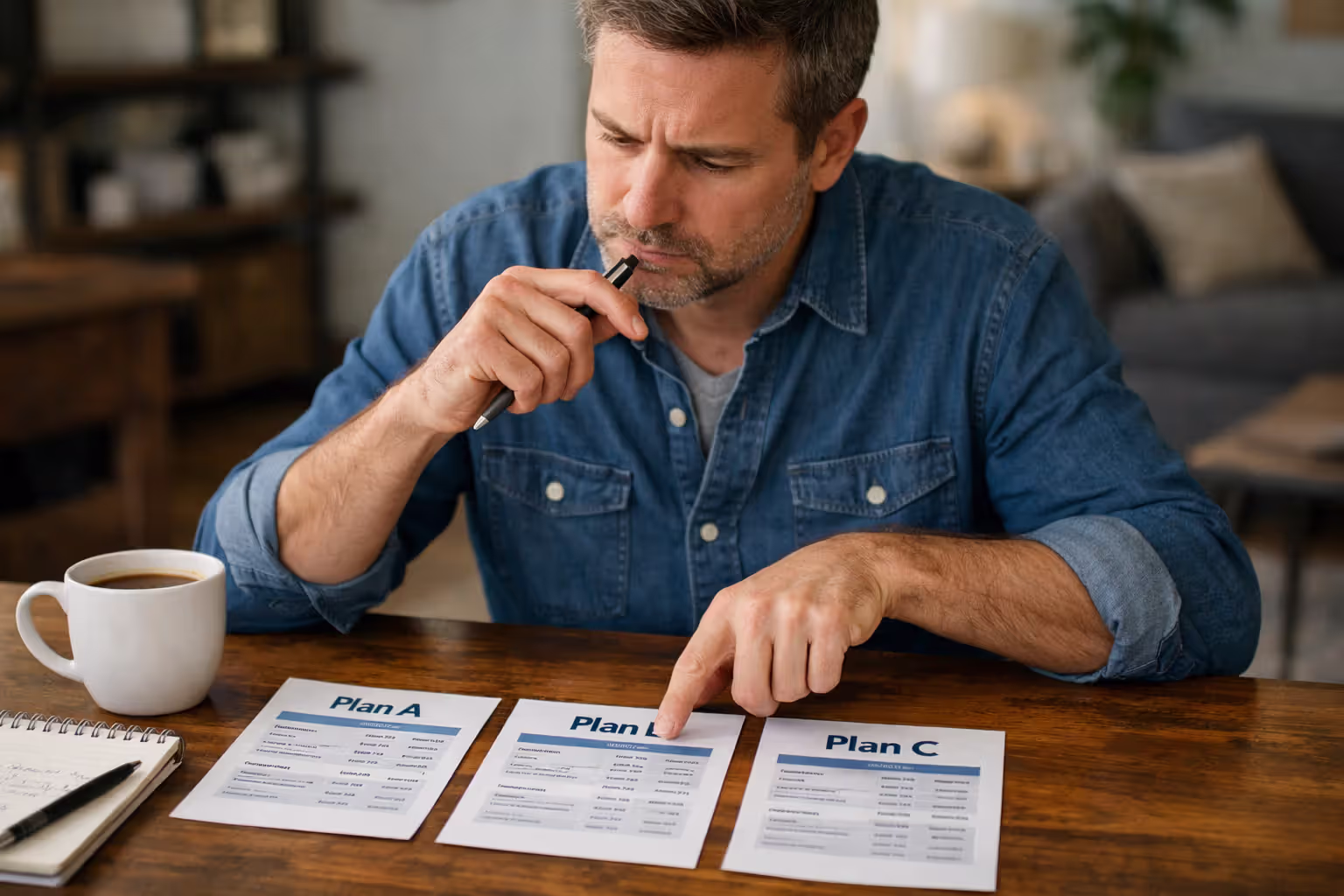 Person sitting at table comparing three different dental insurance plan documents with pen and notebook making notes