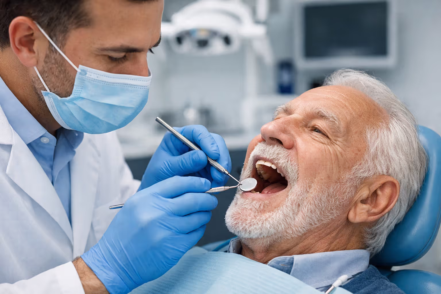 Dentist examining teeth of senior patient in modern dental clinic using mirror and probe