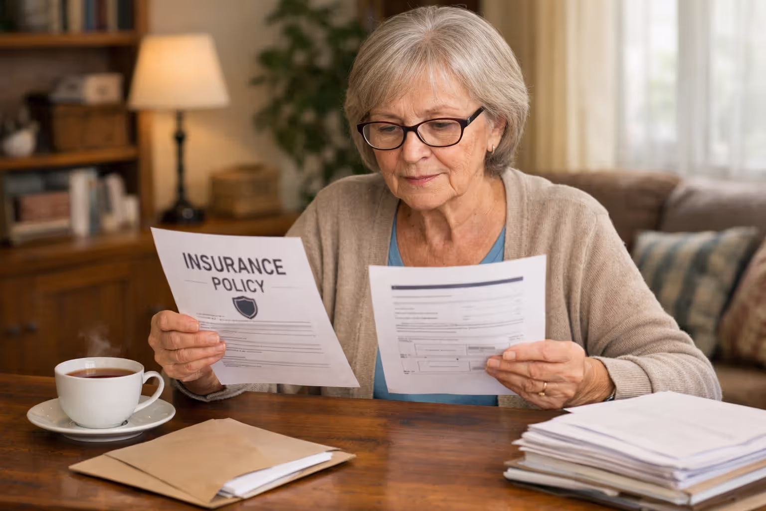 Senior woman comparing dental insurance policy documents at her desk at home