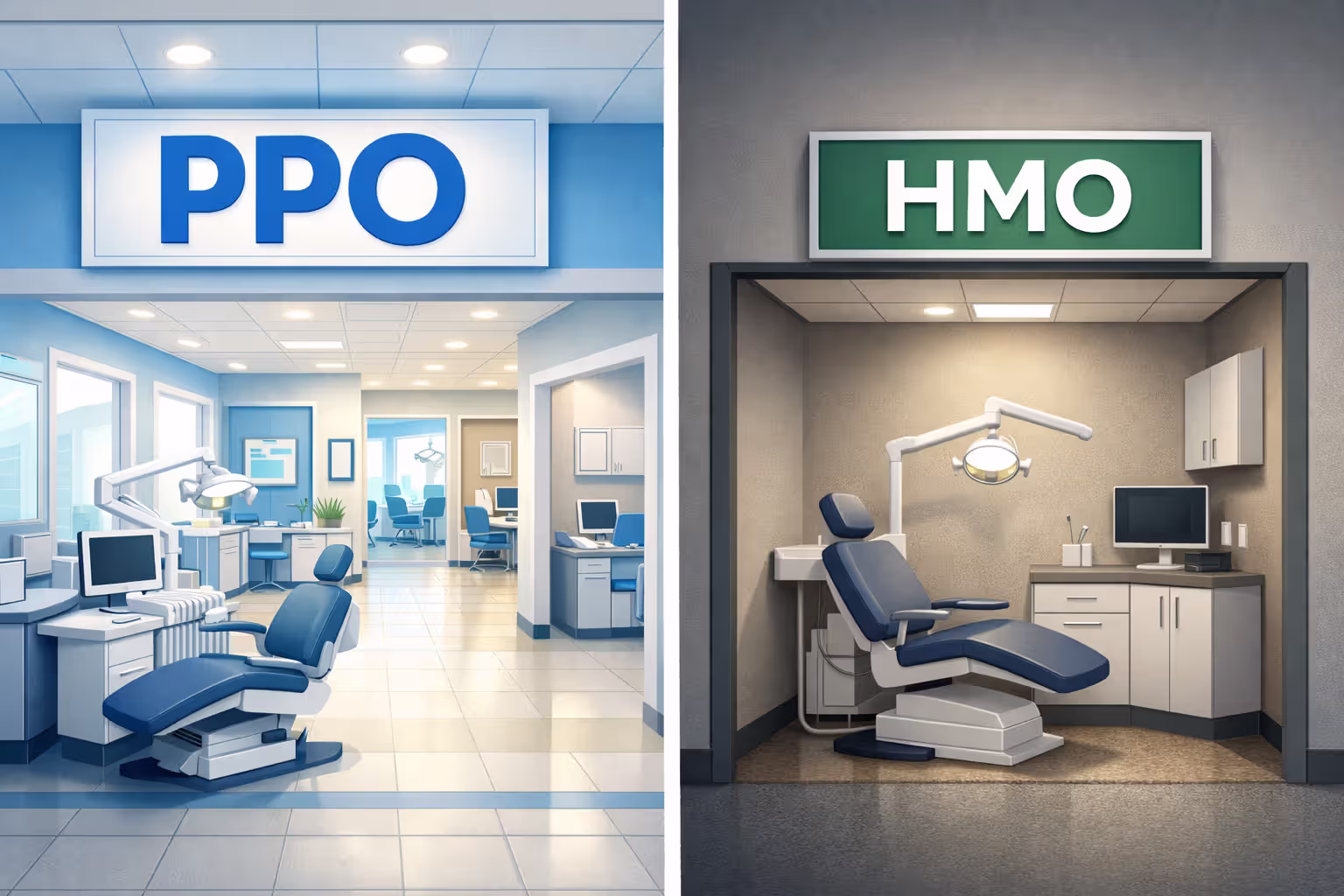 Split comparison image showing a large dental clinic with multiple offices labeled PPO on the left and a small single dental office labeled HMO on the right