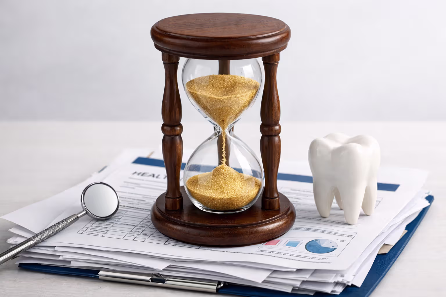 Hourglass standing on a stack of insurance documents next to a dental mirror and a tooth model symbolizing waiting periods