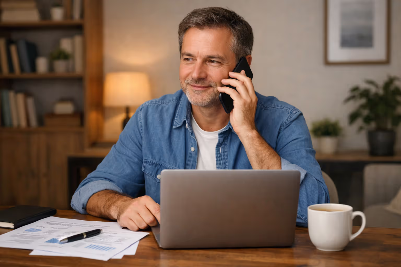 Person sitting at a desk with a laptop showing a checklist while making a phone call with printed documents and a coffee cup nearby