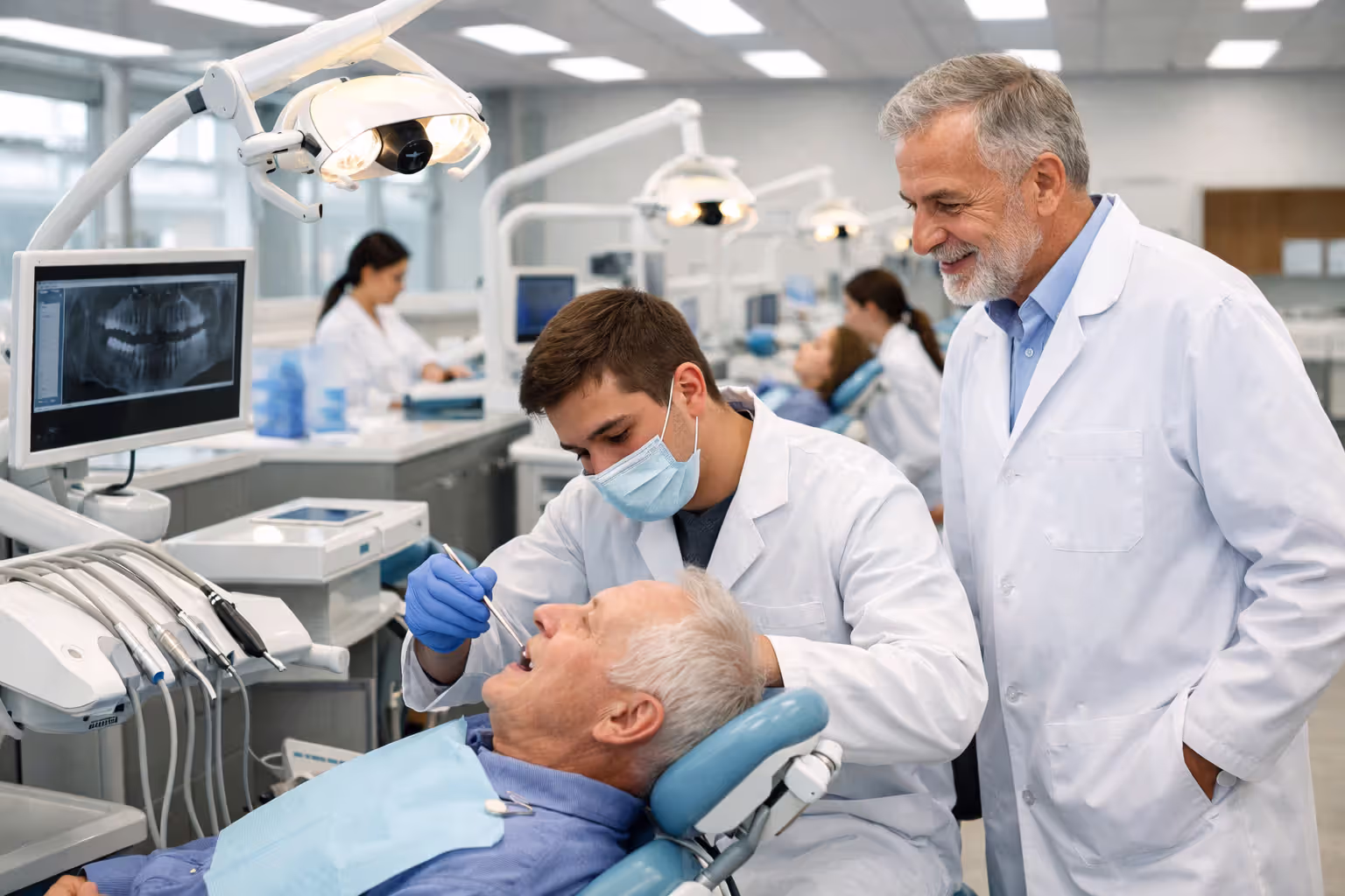 Dental school clinic interior with student treating senior patient under faculty supervision