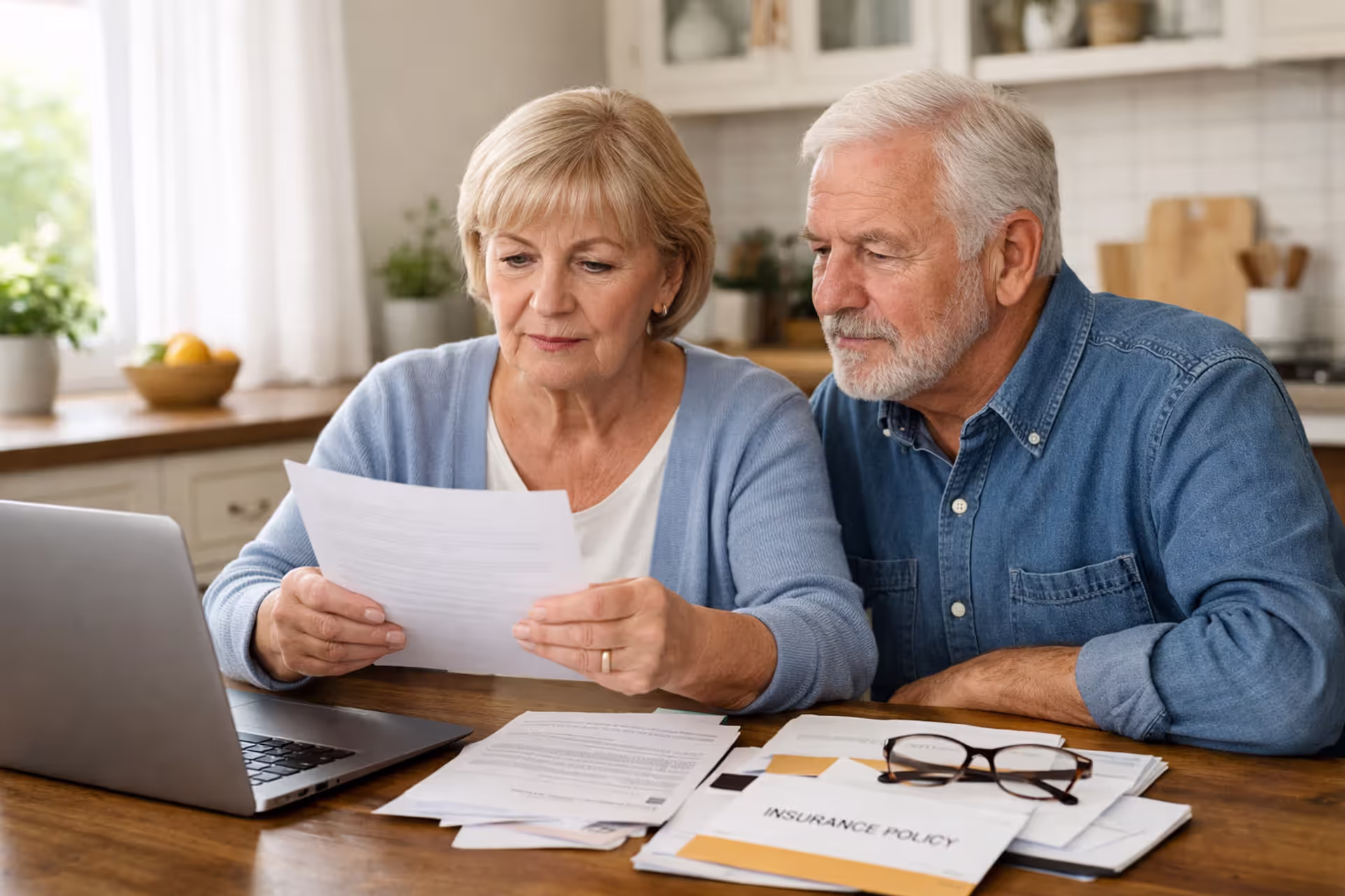 Senior couple reviewing dental insurance documents at kitchen table with laptop