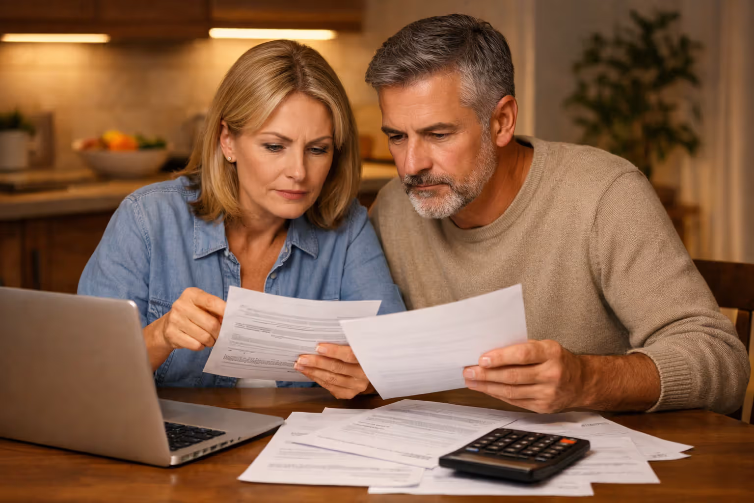 Middle-aged couple sitting at kitchen table reviewing insurance documents together with laptop and calculator