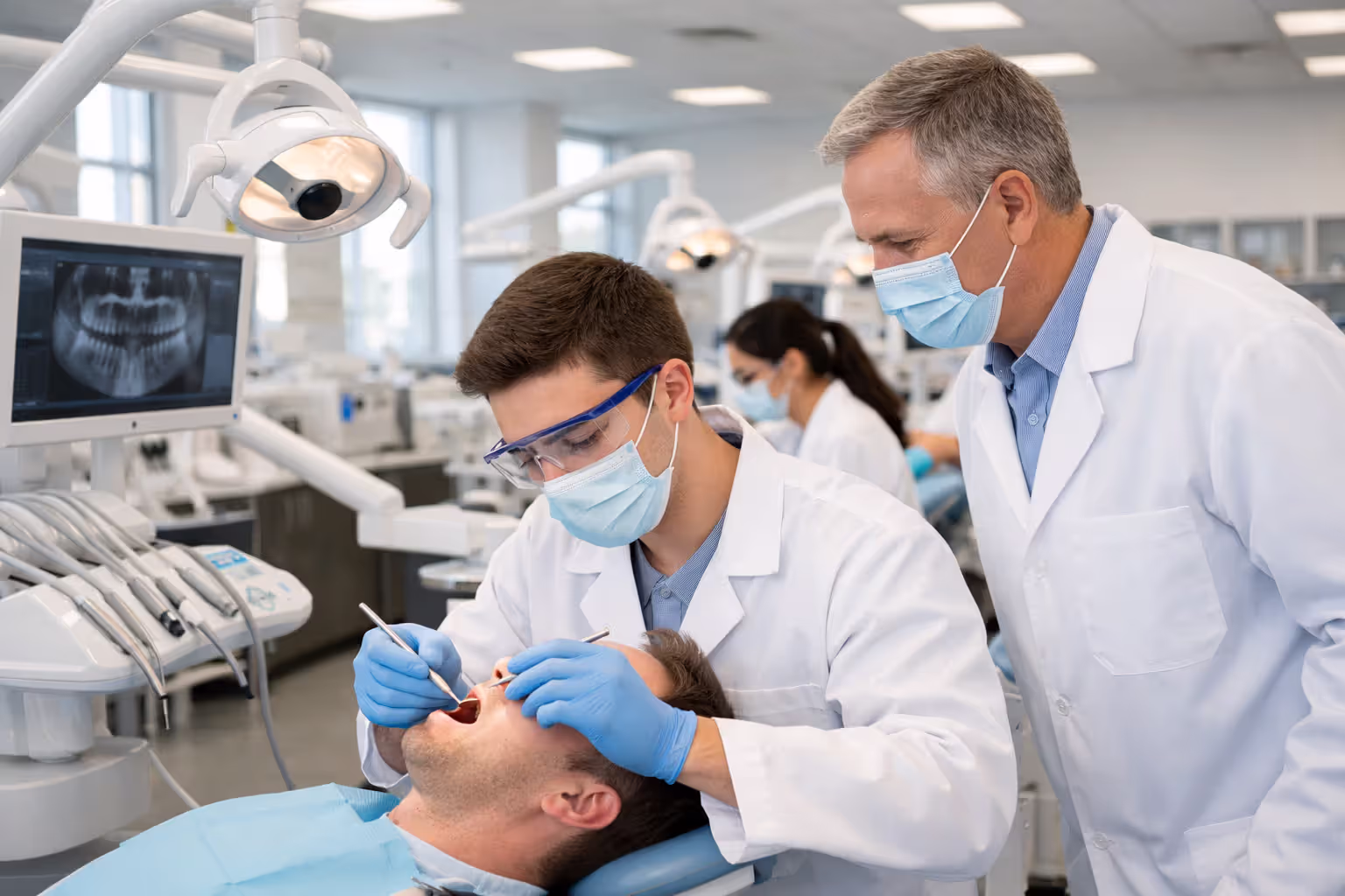 Dental school clinic interior with student in white coat treating patient under supervision of instructor, multiple dental chairs visible in bright modern facility