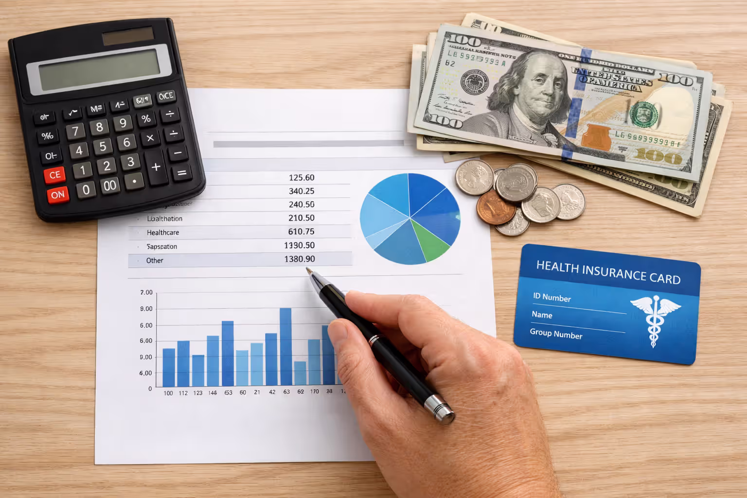 Top-down view of a desk with a calculator, expense sheet, dollar bills, coins, a health insurance card, and a hand holding a pen pointing at numbers