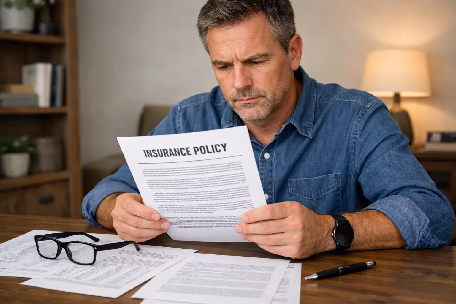 Person reviewing a dental insurance policy document at a desk with glasses and pen nearby