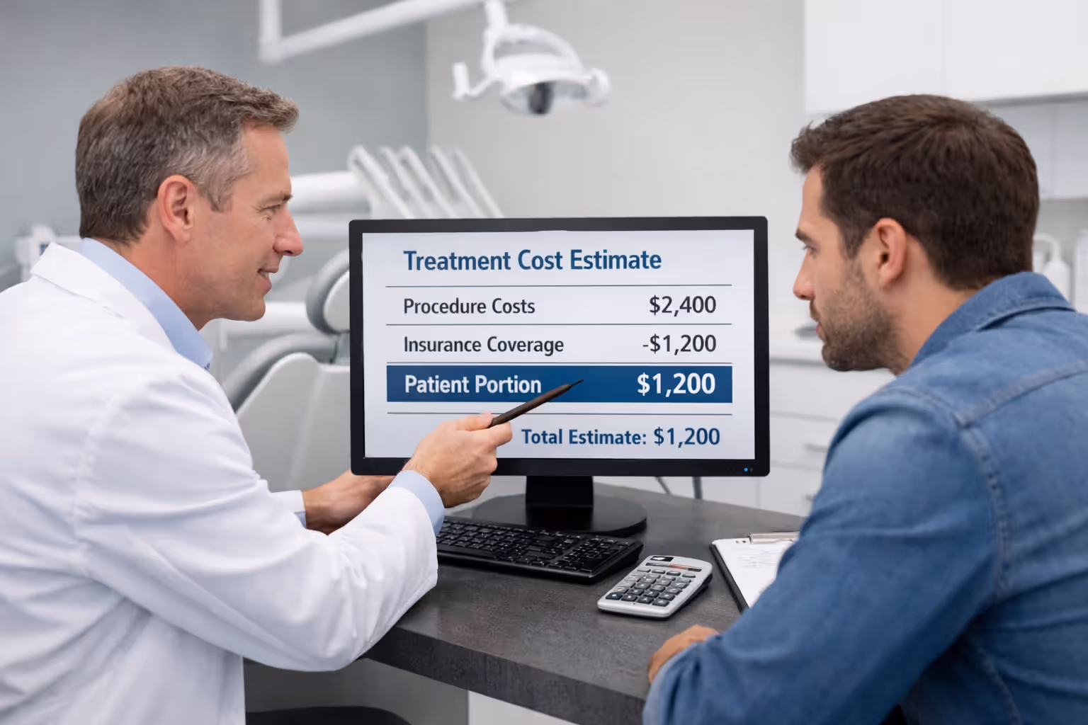 Dentist showing a patient treatment cost breakdown on a computer screen in a modern dental office