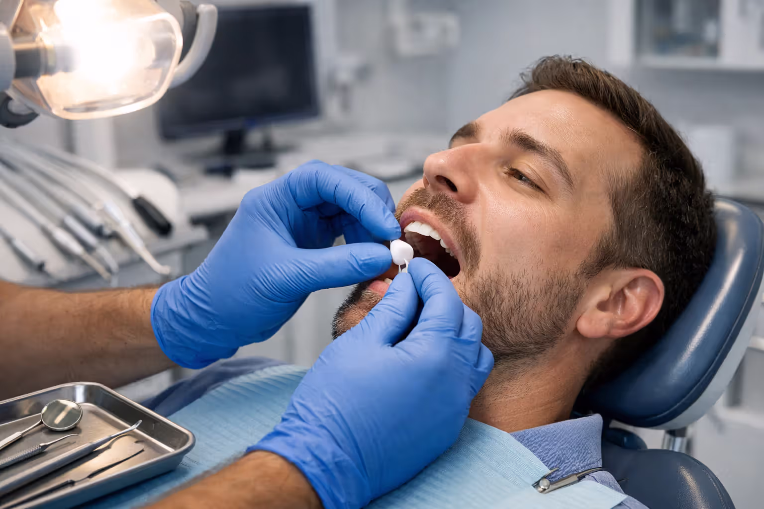 Dentist placing a dental crown on a patient's tooth in a modern dental clinic with professional lighting