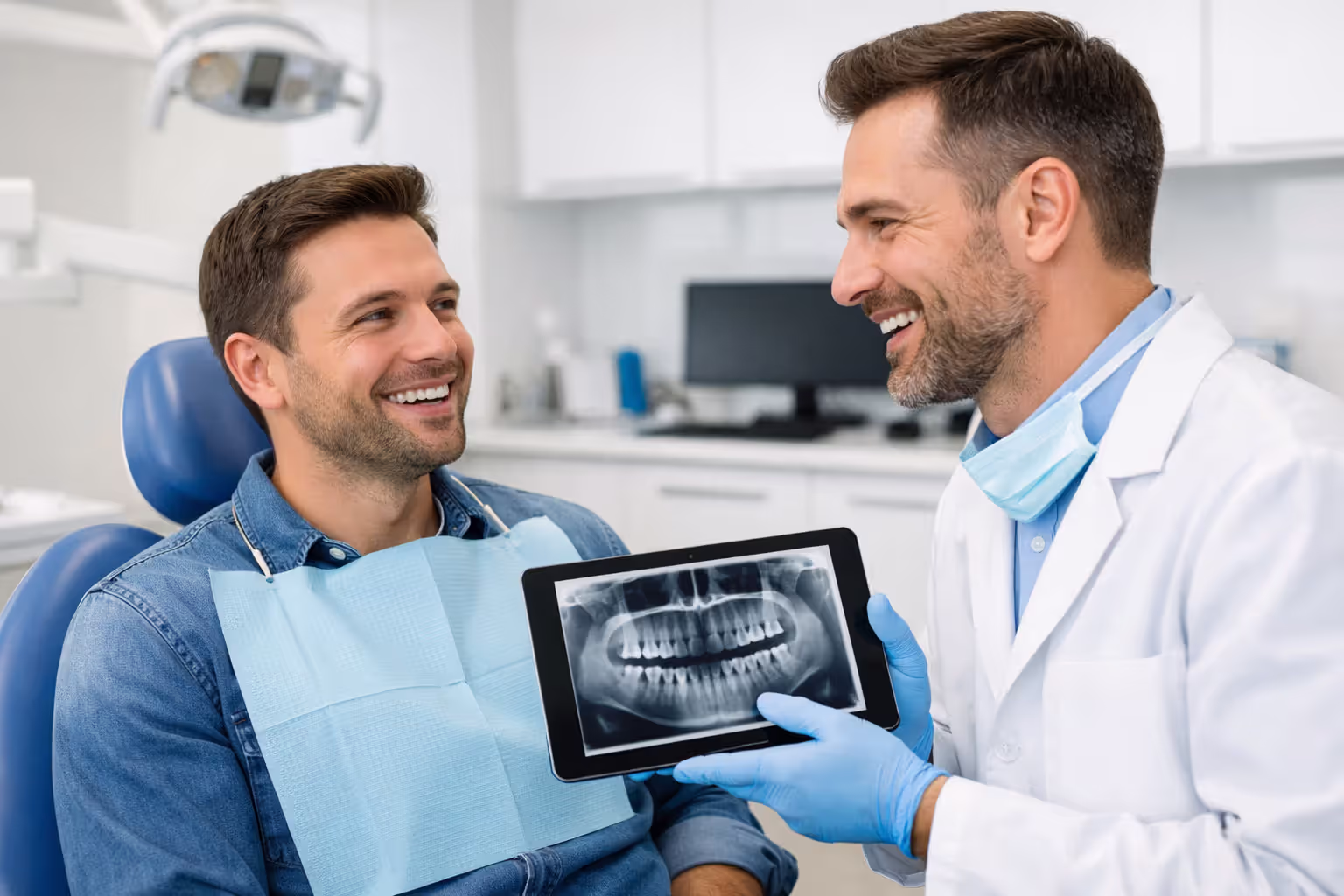 Patient sitting in a dental chair discussing a treatment plan with a dentist holding a tablet showing a jaw X-ray in a modern bright dental office