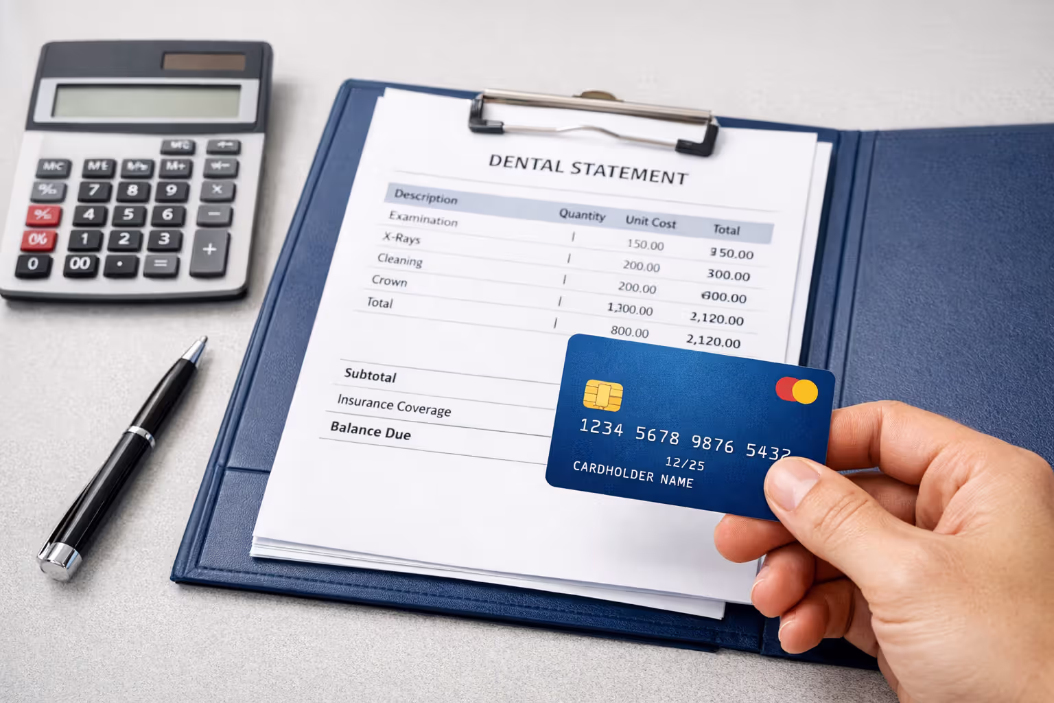 Hand holding a credit card next to an open folder with a dental bill, a calculator, and a pen on a well-lit office desk
