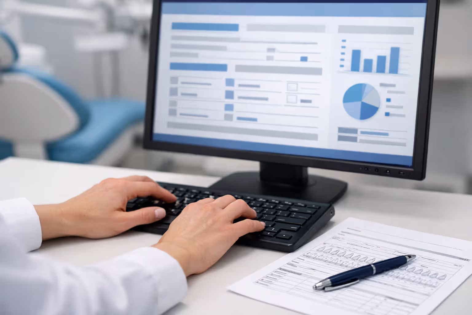 Dental billing specialist hands typing on computer keyboard with digital claim form on screen and printed dental document nearby