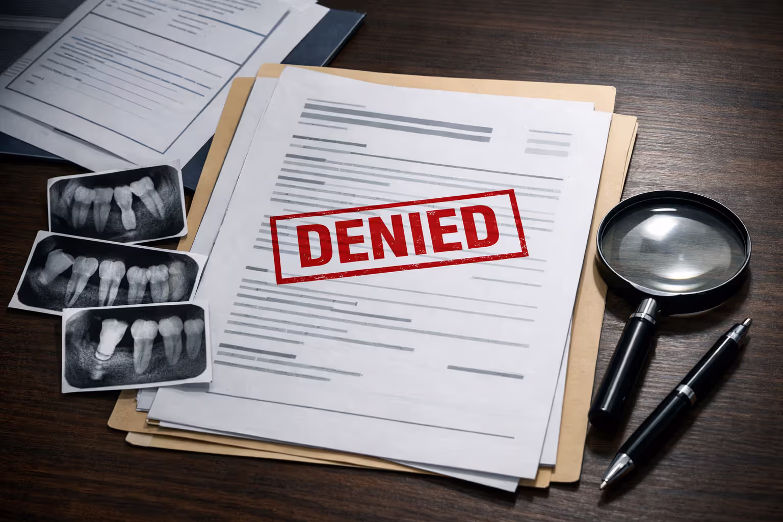 Dental insurance claim documents on desk with red denied stamp alongside dental X-ray images and magnifying glass
