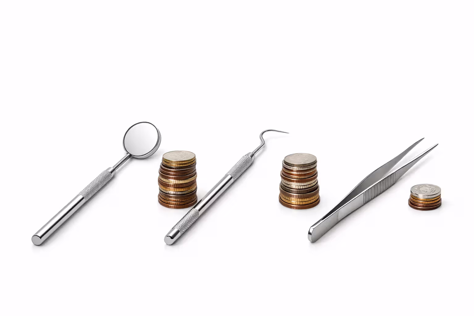 Three dental instruments on white surface with coin stacks of different heights representing varying insurance coverage levels from preventive to major services