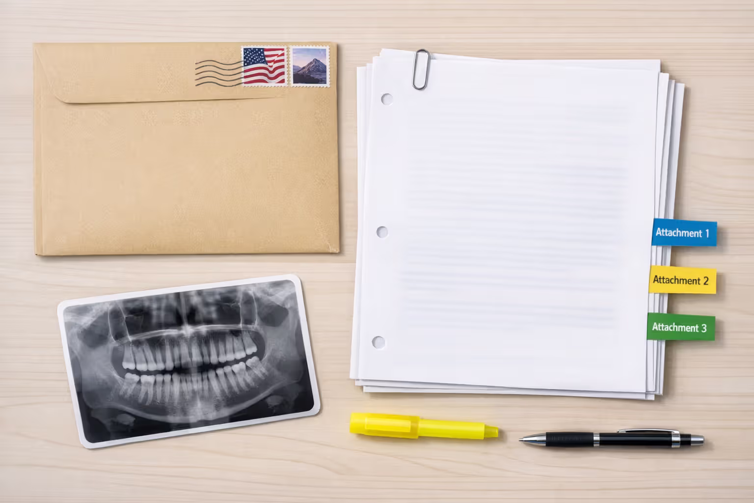 Overhead view of organized dental insurance appeal documents with numbered attachment tabs a dental X-ray a highlighter and a pen on a light desk