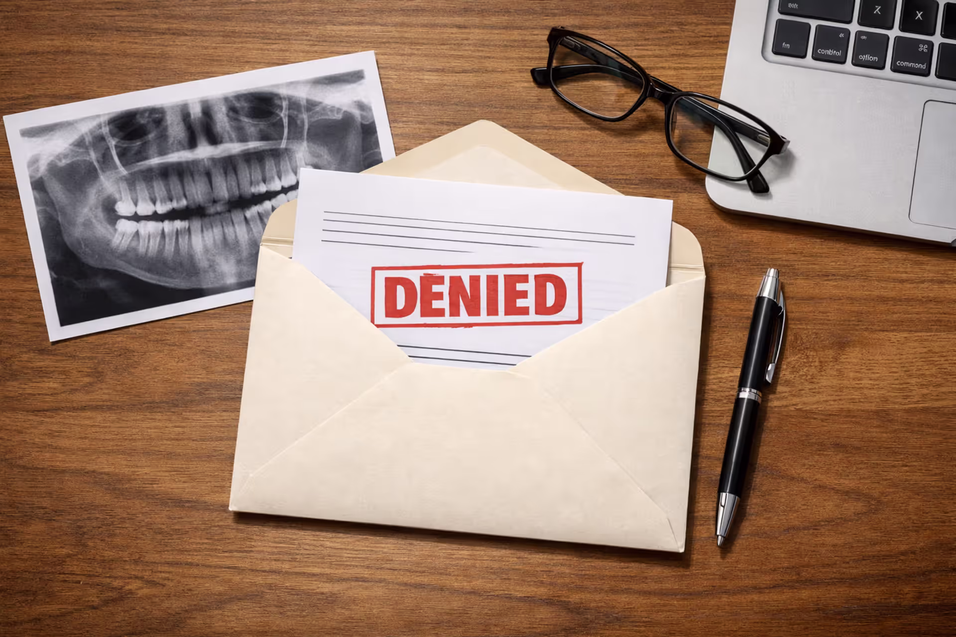 Top view of a desk with an opened envelope containing a dental insurance denial letter stamped denied in red next to a dental X-ray glasses and a pen