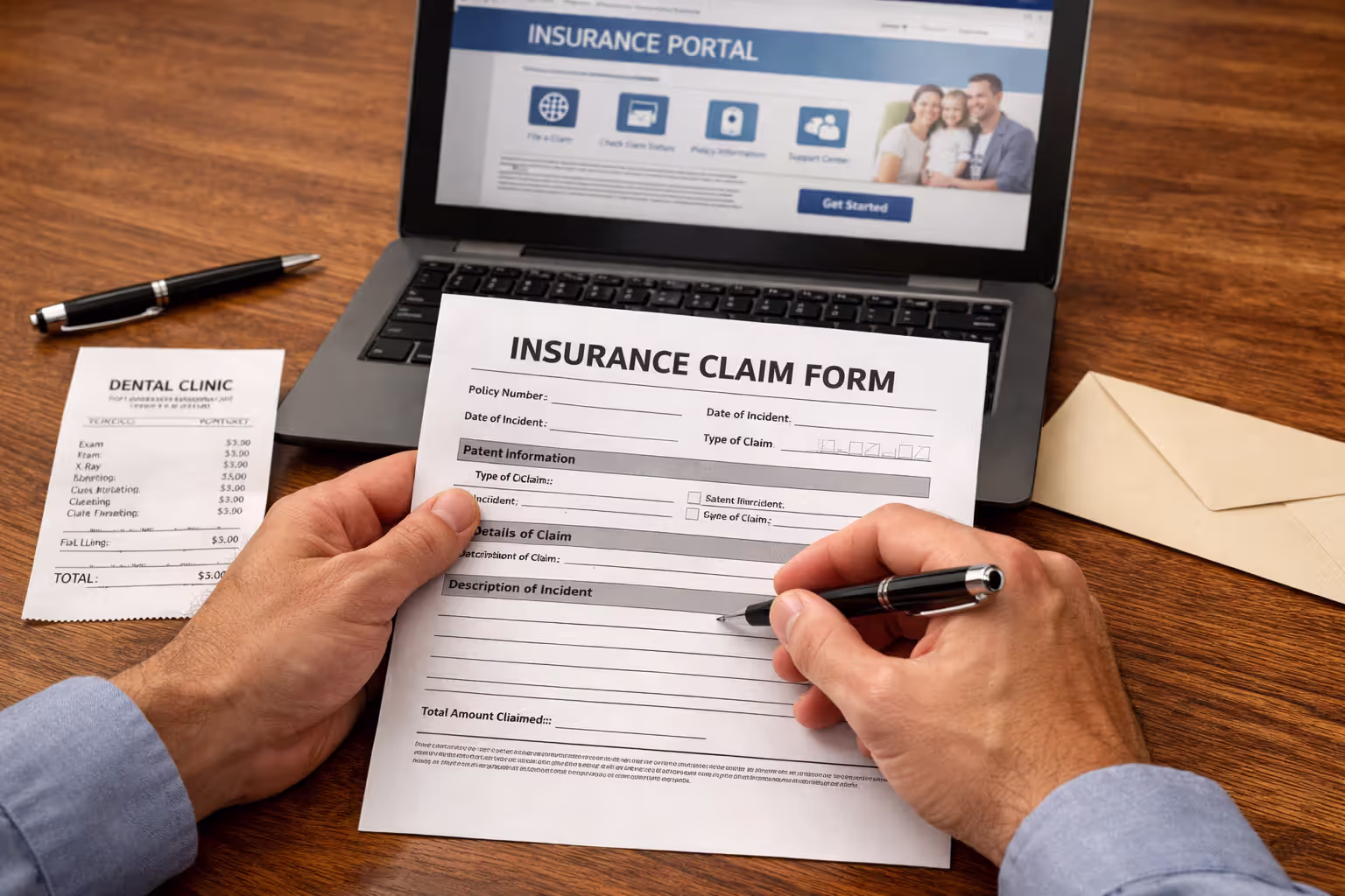Person filling out a dental insurance claim form at a desk with a dentist receipt, pen, envelope and laptop showing an insurance portal