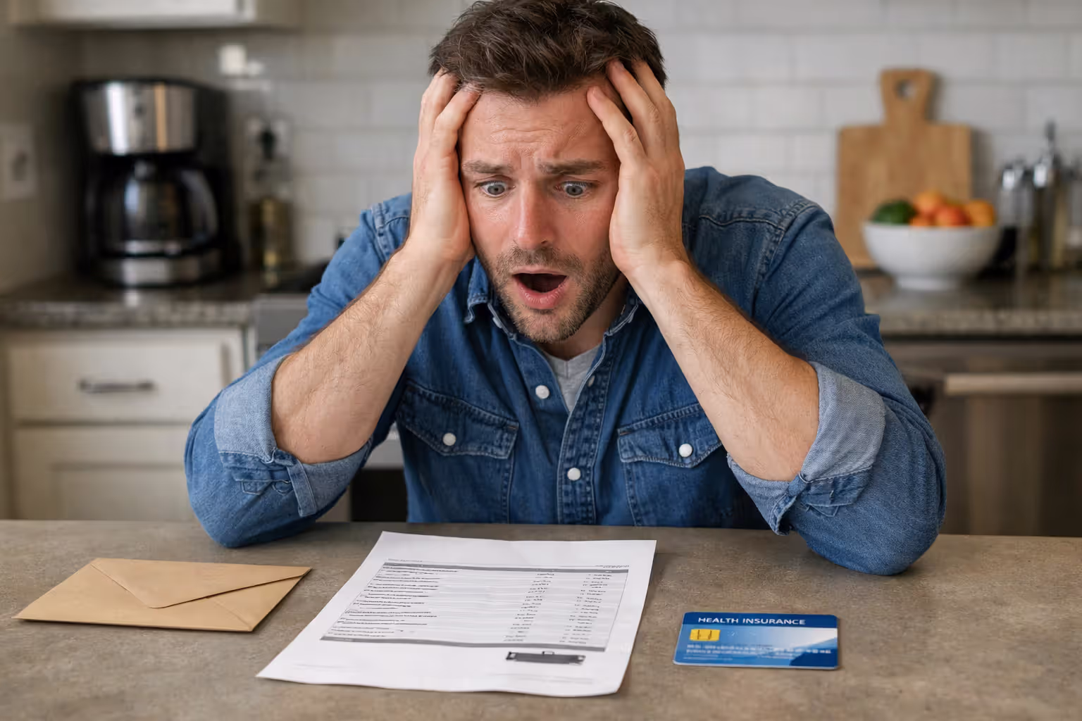 Stressed person sitting at a kitchen table looking shocked at an unexpectedly high dental bill