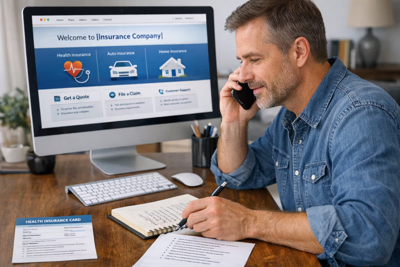 Person talking on the phone at a home desk taking notes with an insurance card and a checklist of questions nearby