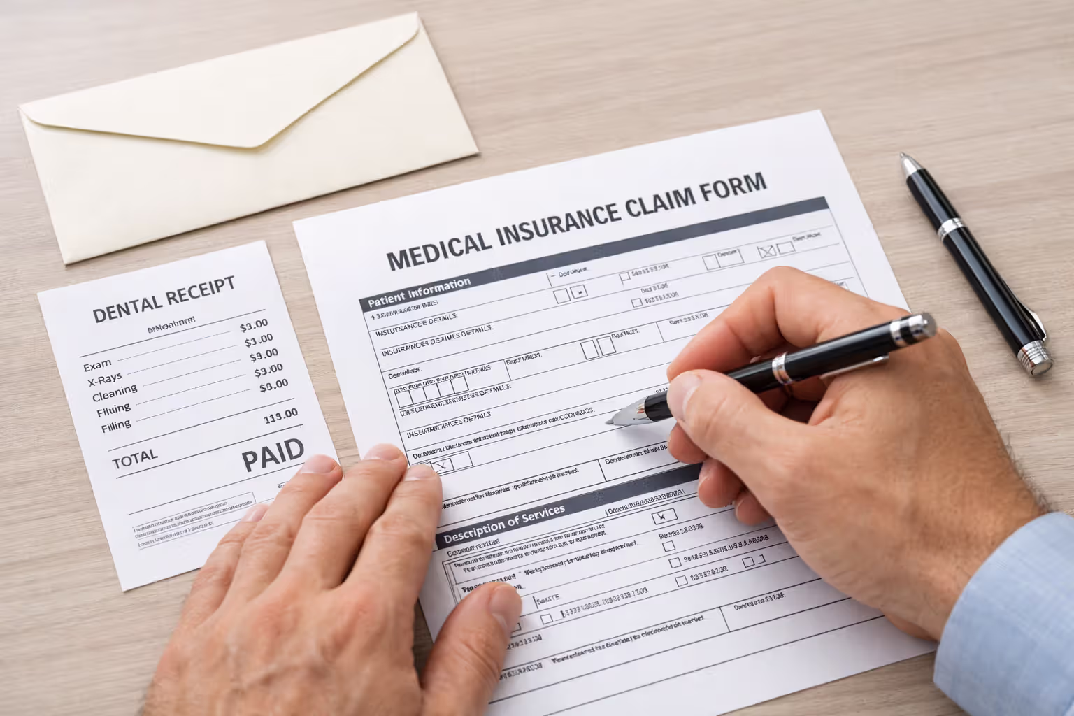 Hands filling out a dental insurance claim form on a desk with a receipt and envelope nearby