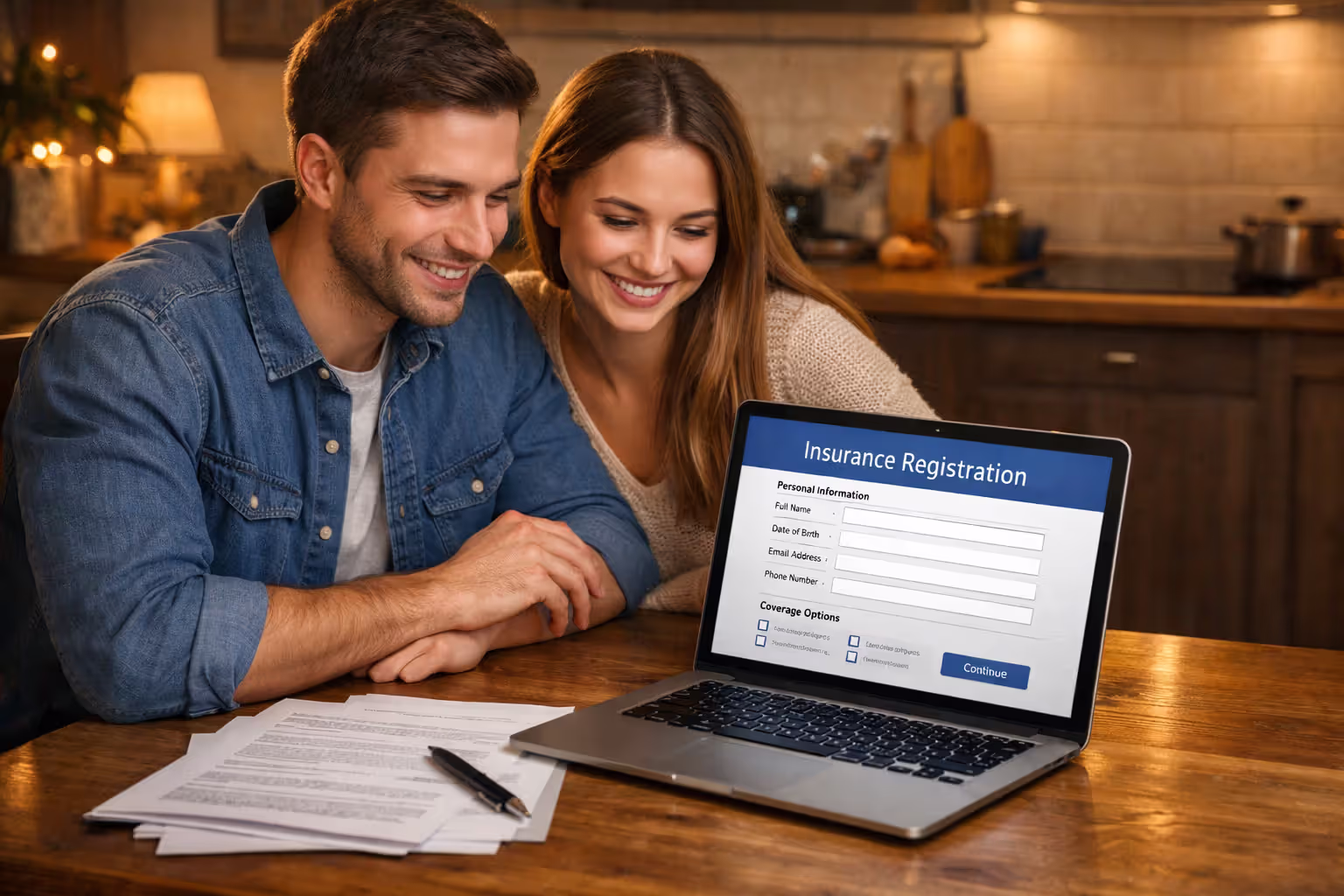 Young couple sitting at a kitchen table reviewing dental insurance enrollment options on a laptop with printed documents nearby