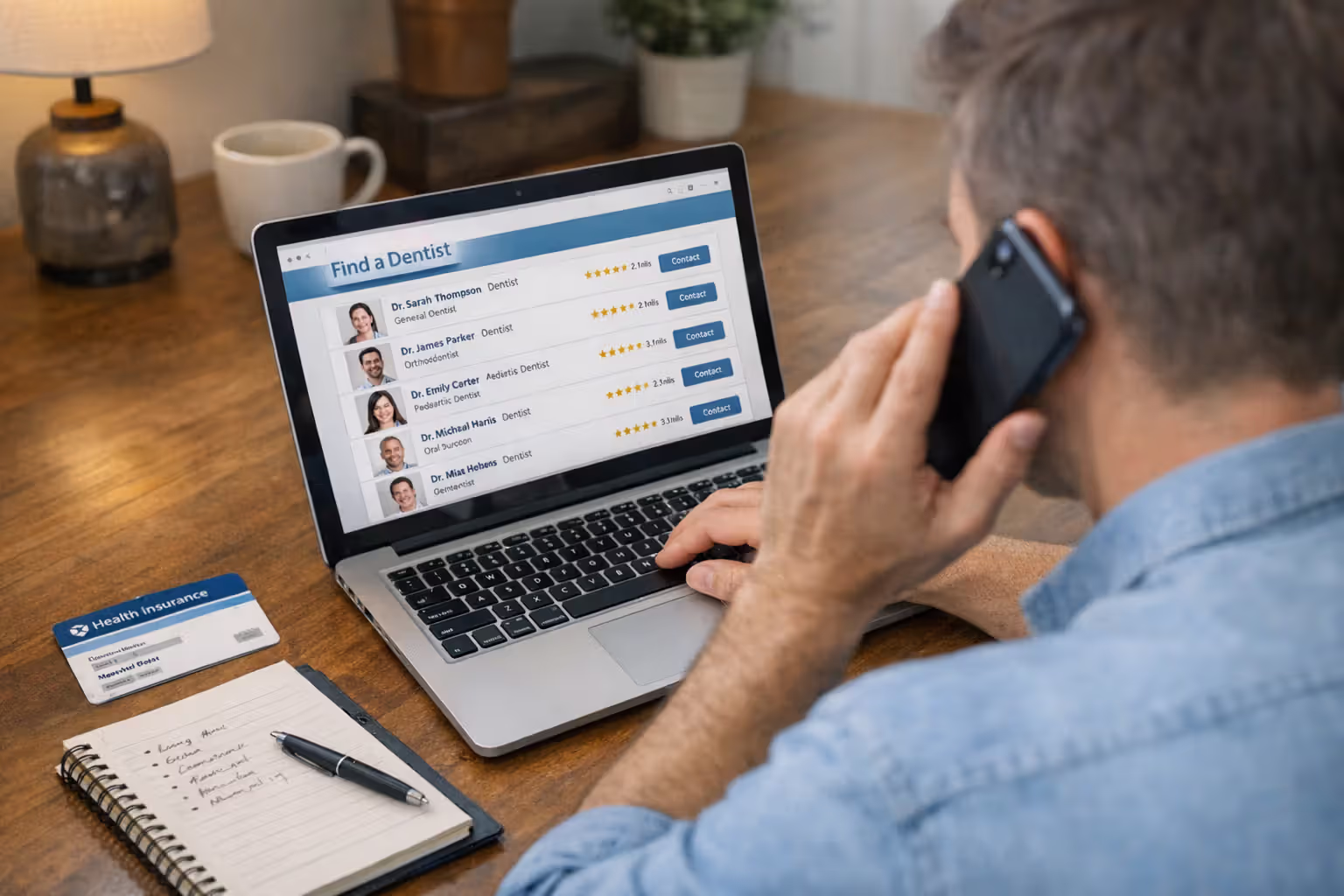 Person sitting at desk with laptop showing dentist directory list, insurance card and notebook on table, holding phone making a call, calm home office setting, photorealistic style