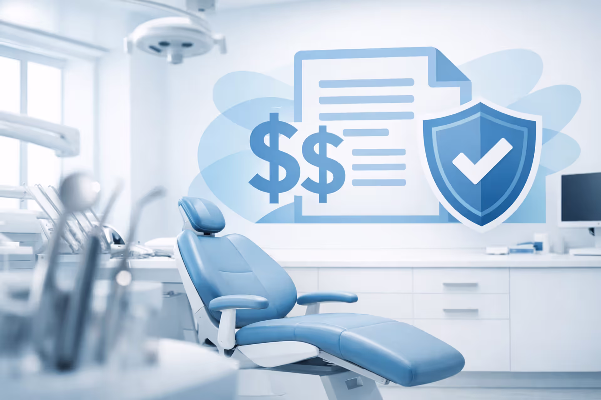 Modern dental office with patient chair, dental instruments in foreground, and abstract insurance card with dollar signs and shield symbol in background, clean blue and white tones
